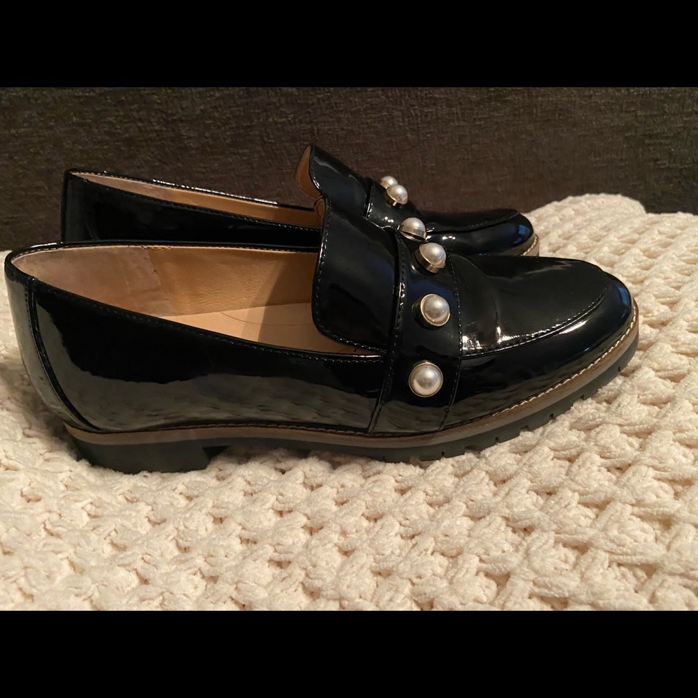 Super cute Alex Marie patent slip-ons with pearl detail